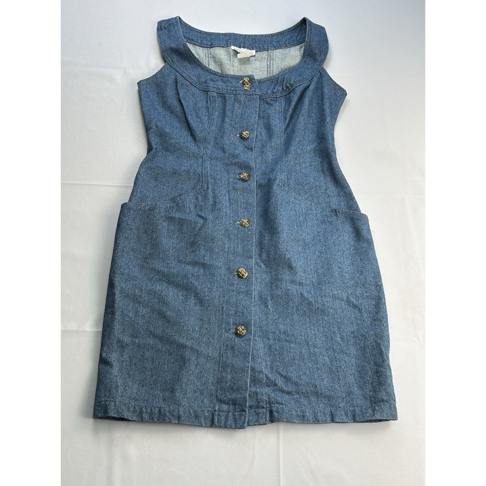Vintage Lew Magram Denim Jumper Dress Womens Size 6 USA 90s Cottagecore Pockets